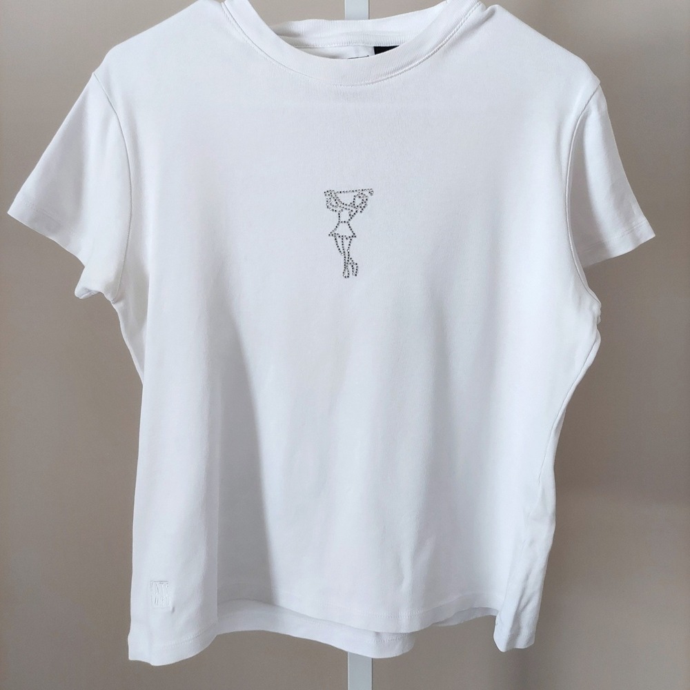 Kate Lord White Cotton‎ Rib Knit Rhinestone Golfer Graphic T-Shirt Small Novelty